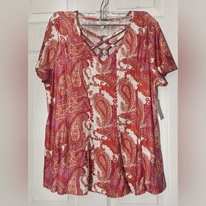 Coral Bay Women's Paisley Blouse - Red and Pink, Short Sleeve V Neck